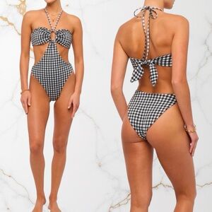 Mara Hoffman Blanca Black and White Gingham Cut Out One-Piece Swimsuit NWT XL